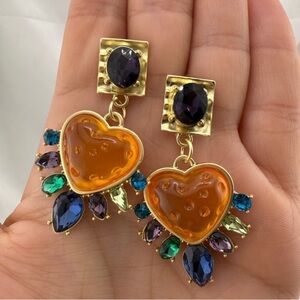 Boho Gold and Multicolor Heart Drop Earrings
